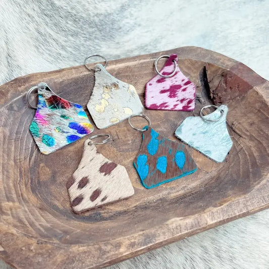 Colorful Cowhide Cow-Tag Keychains